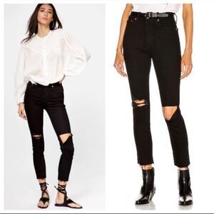 Redone Re/Done Jeans 90s High Rise Ankle Crop Ripped Jet Black with Rips 26”